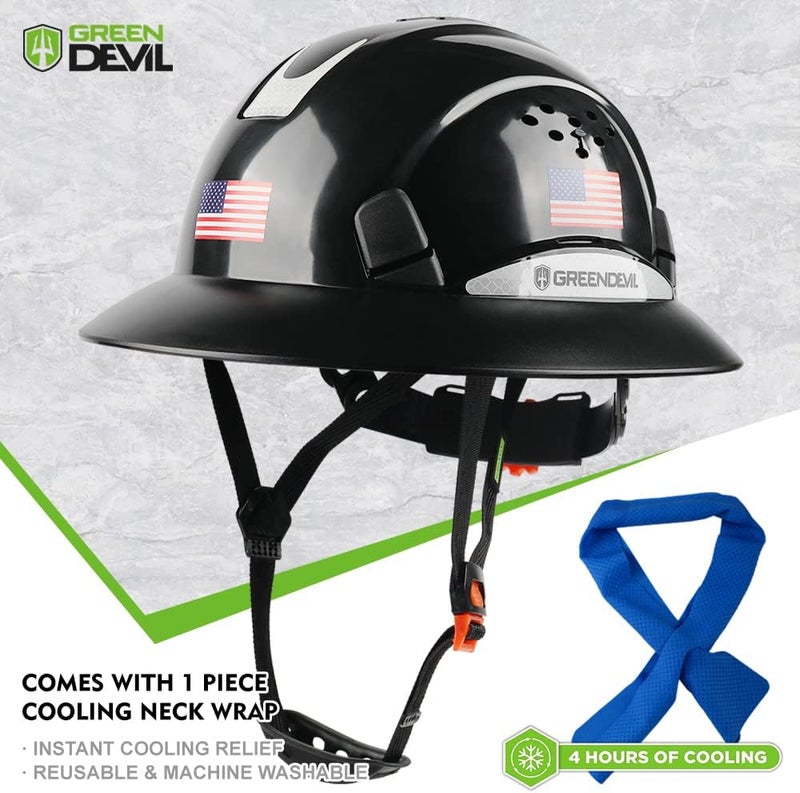 GREEN DEVIL Full Brim Hard Hat Vented Construction Safety Helmet OSHA Approved Cascos De Construccion Work Hardhats with Cooling Towel for Men&Women 6 Point Adjustable Ratchet Suspension - Image 2